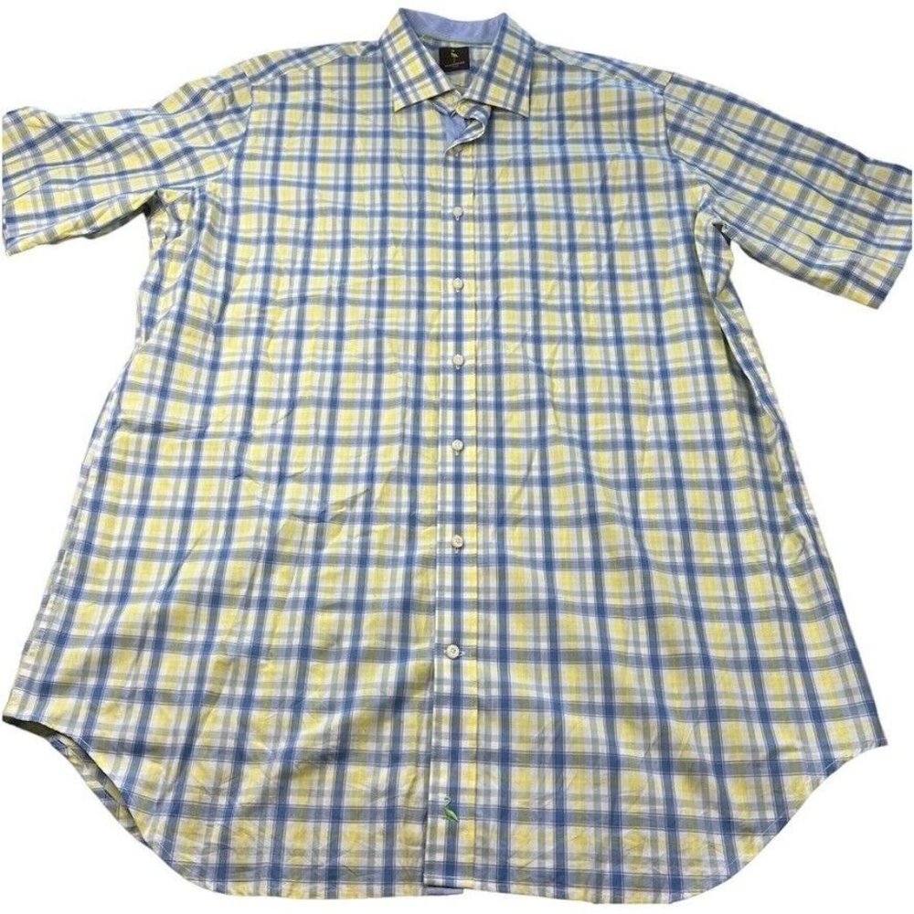 TailorByrd MensShirt Size 3XLT Blue Yellow Plaid‎ Button Up Golf Short Sleeve